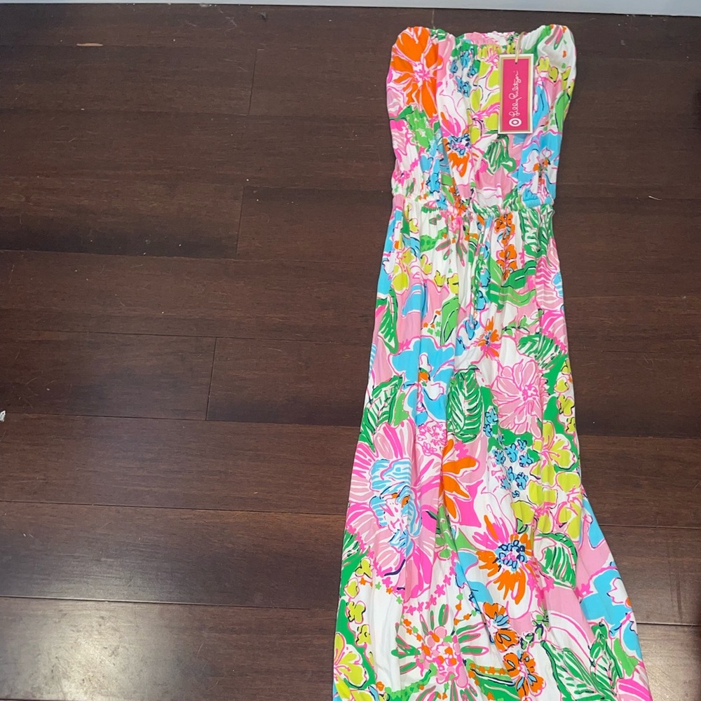 Lilly Pulitzer Strapless Floral Maxi Dress in Pastel Pink, Green, Yellow - Picture 2 of 8